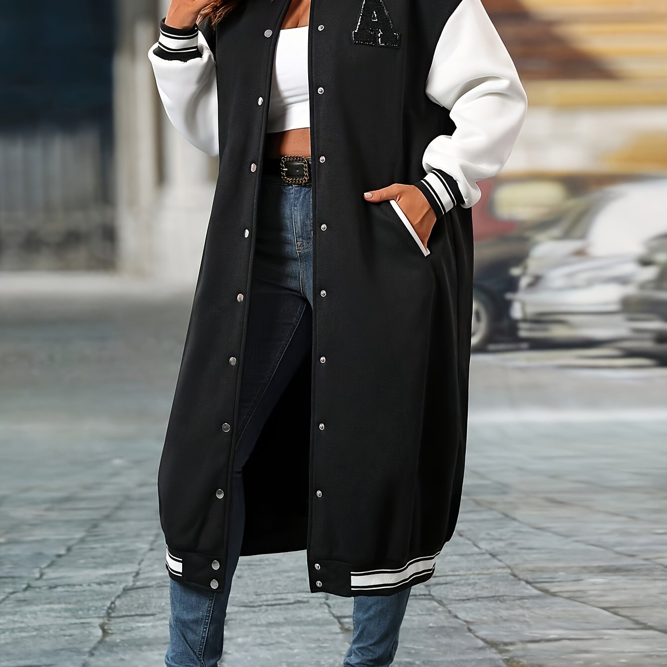 Plus Size Color Block Button Front Jacket, Casual Long Sleeve Longline Jacket For Fall & Winter