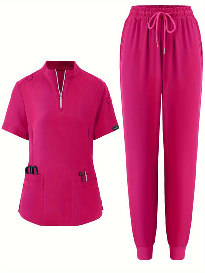 Two-Piece Solid Nurse Uniform Set - Zipper Front V Neck Short Sleeve Top & Long Length Pocket Pants with Micro Elasticity - Polyester, Casual, Solid Color, No Printing, All Seasons Wear