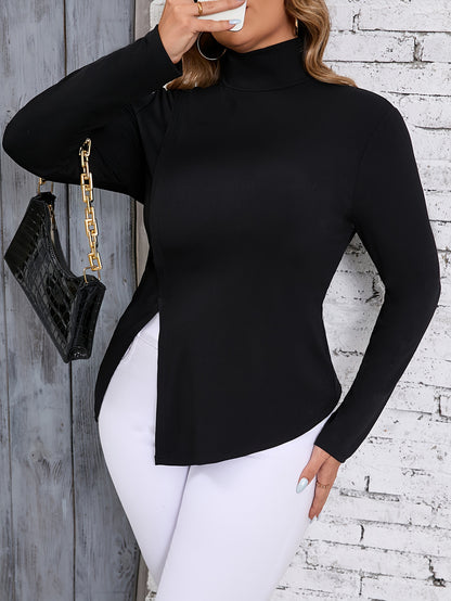 Plus Size Long Sleeve Irregular Split Hem T-shirt, Solid Color, High Neck, Women's Casual Sports Wear