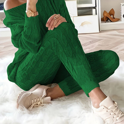 Solid Knitted Matching Two-piece Set, Casual Long Sleeve Sweater & Pants Outfit