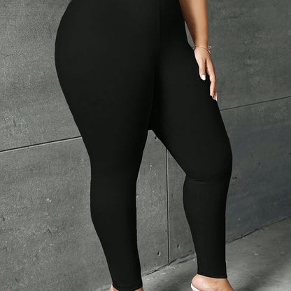 Plus Size Basic Leggings, Solid Elastic High Rise High Stretch