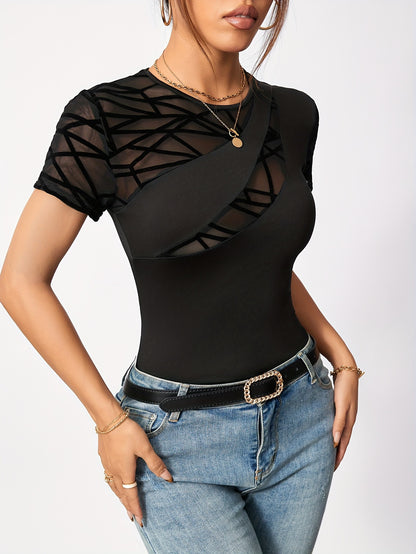 Camiseta elegante de cuello redondo con malla en contraste para mujer: manga corta lisa transpirable, corte entallado semitransparente para primavera y verano