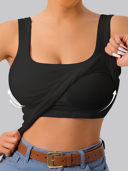 Chaleco moldeador simple de talla grande: modelador, corte ajustado, camiseta sin mangas 2 en 1 con tela acanalada sólida, diseño de cuello redondo, cómodo y transpirable para uso diario, ideal para mujeres con curvas