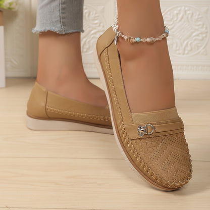 Elegant Women's Slip-On Loafers with Decorative Buckle - Retro Solid Color, Versatile Casual Shoes