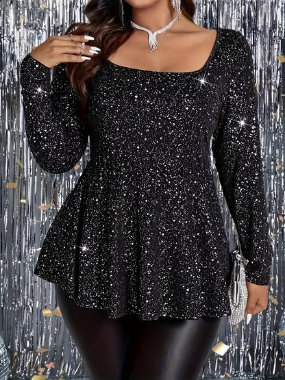 Plus Size Glitter Square Neck T-Shirt, Elegant Long Sleeve Top for Spring & Fall, Women's Plus Size Clothing