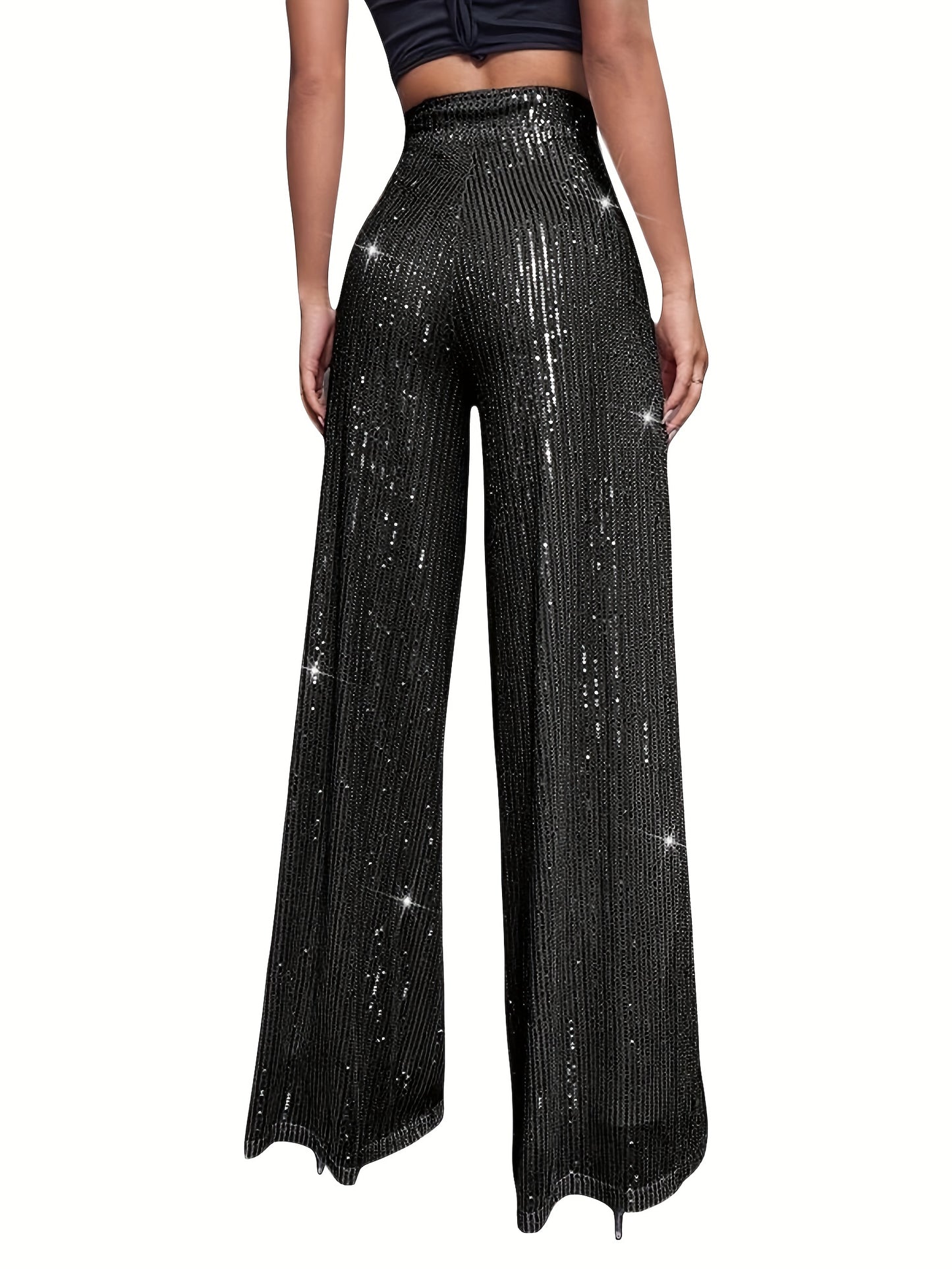 Womens Glitter Sequin Pants Sparkly Wide Loose Trousers Straight Leg Palazzo Pants Shiny Dance Bling Party Clubwear