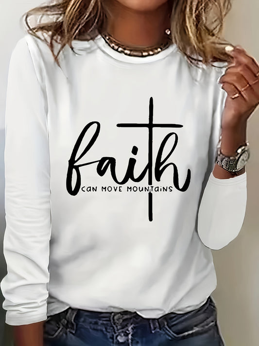 Faith-inspired Print Womens T-Shirt - Fashionable Crew Neck, Comfortable Long Sleeves for Spring & Fall - Versatile Casual Style - LuxyXO