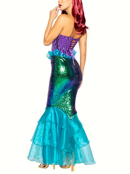 Women's Mermaid Party Costume, Strapless Tube Tops Ruffle Sequin Long Tail Cosplay Fancy Dress