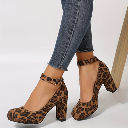 Glamorosos tacones de bloque con estampado de leopardo para mujer: elegantes zapatos de vestir con tiras y hebillas para un estilo elegante y cómodo durante todo el día: calzado duradero y femenino