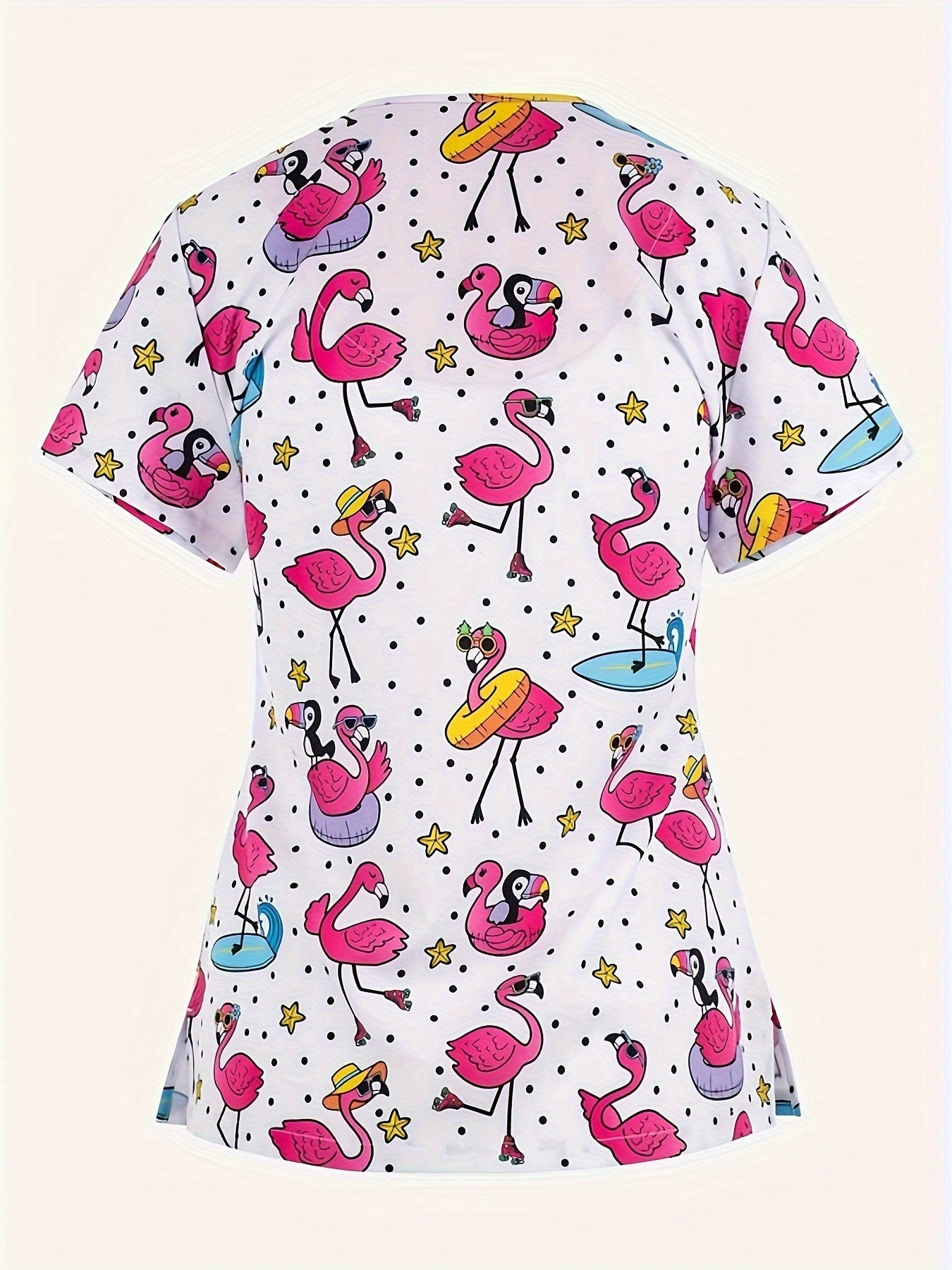 Flamingo Chic - Womens V Neck Scrub Top with Short Sleeves - Fashionable Medical Clothing for Casual to Professional Wear