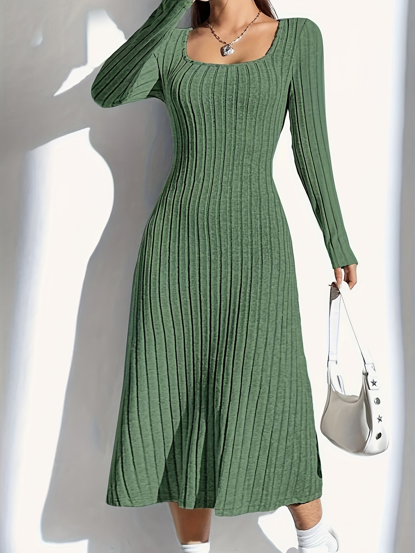 Women'S Ribbed Knit Long Sleeve Midi Dress, Casual Collar, Solid Color, Polyester, Fitted for Spring/Summer/Fall