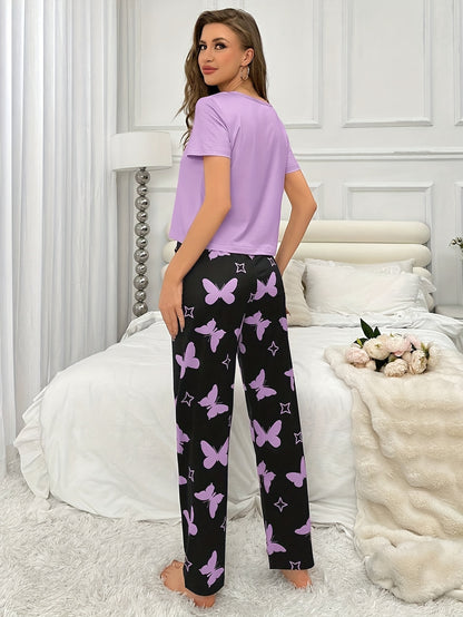 Whimsical Heart & Butterfly Print Pajama Set for Women - Soft Short Sleeve Round Neck Top & Comfortable Relaxed Fit Pants with Breathable Fabric for a Restful Sleep - Ideal for Lounging Around