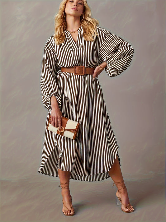 Plus Size Elegant Fitted Midi Dress - V-Neck Stripe Print Lantern Sleeve Linen Dress for Spring and Fall - Non-Stretch Woven Fabric with Random Printing