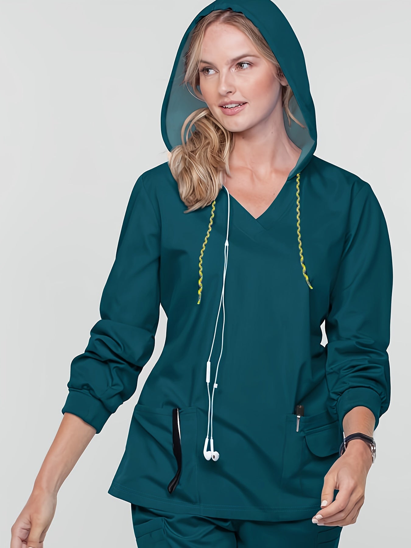 Long Sleeve Drawstring Hoodie Scrubs Top, Health Care Dual Pockets Scrub For Doctor, Nurse, Physician, Dentist, Women's Work Clothing