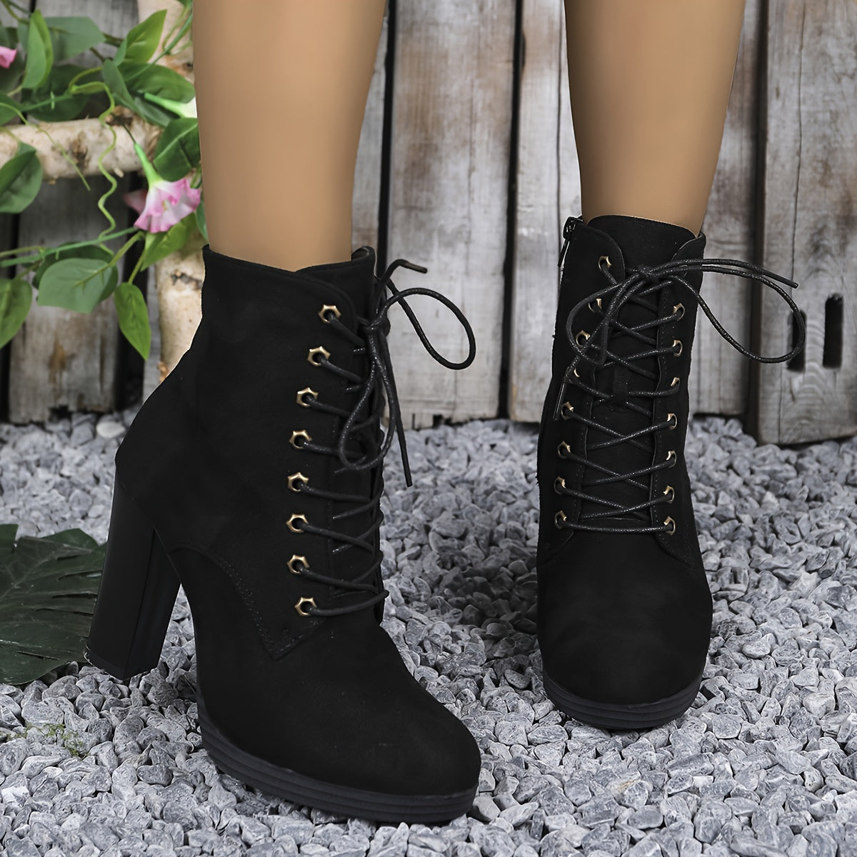 Mid-Calf Lace-Up Ankle Boots for Women - Tribal Style, Solid Color Fabric Upper with Block Heel and Plain Toe, Zipper Closure, Casual All-Season Chelsea Boots, Dry Clean Only, TPR Sole, High Heel (Taizhou Production Area)