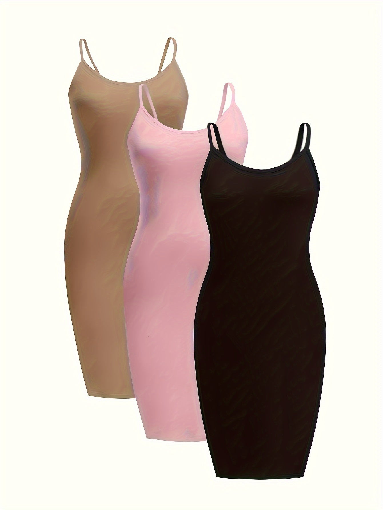 Conjunto de 3 vestidos camiseros de talla grande: vestidos ajustados de estiramiento medio con cuello redondo sólido para uso diario para mujer: suaves, transpirables y cómodos