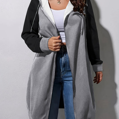 Plus Size Color Block Hooded Coat, Casual Drawstring Zipper Front Long Sleeve Outerwear For Fall, Women's Plus Size Clothing