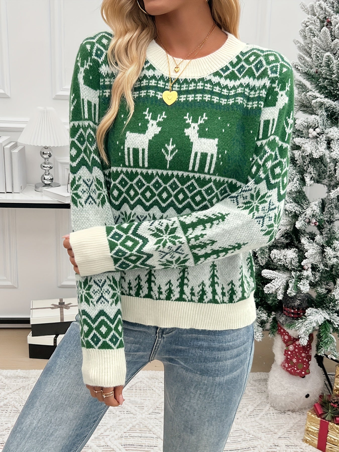 Cozy Winter Crew Neck Sweater - Soft, Long Sleeve, Casual Pullover for Women - Festive Christmas Pattern, Perfect for Fall and Winter Seasons, Women's Clothing