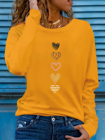 Camiseta informal de talla grande: adorable estampado de corazones, mangas largas cómodas, escote redondo clásico, elasticidad media para un ajuste favorecedor; diseñada específicamente para mujeres