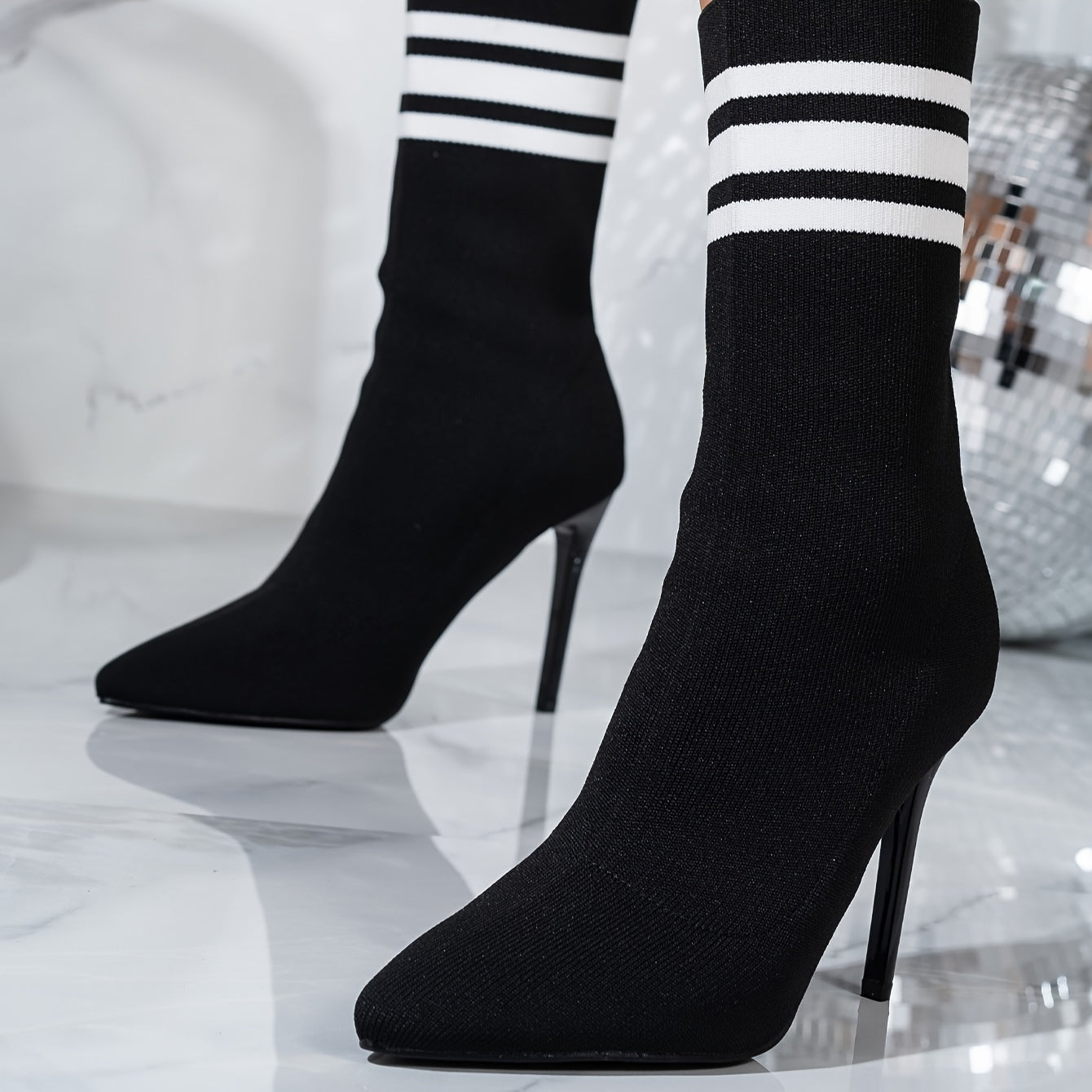 Elegant Temperament Black Stiletto Heeled Boots For Ladies, Women's Sock Boots Pointed Toe Stiletto Heeled Boots