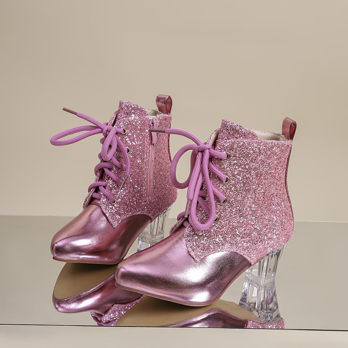 Botines con parches de lentejuelas para mujer, punta puntiaguda moderna, cierre de cremallera, tacón de bloque medio, forro de tela