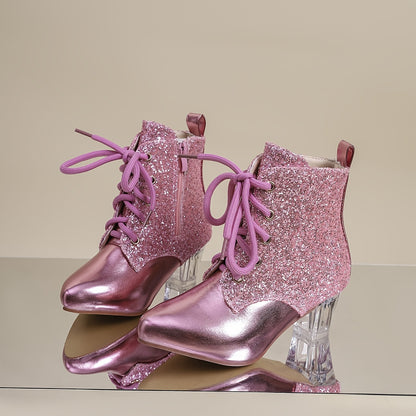Botines con parches de lentejuelas para mujer, punta puntiaguda moderna, cierre de cremallera, tacón de bloque medio, forro de tela