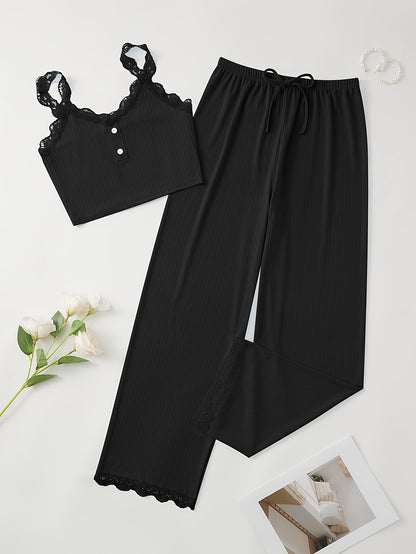 Women's Elegant Lounge Set | All-Season V-Neck Cami & Long Lace-Up Pants | Durable & Versatile Casual Wear