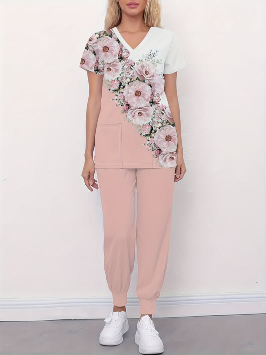 Conjunto médico con estampado floral: camiseta con cuello en V y pantalones con cintura elástica