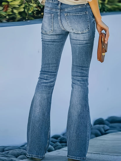 Plus size stretchy blue bell bottom jeans with high waist and flare leg design, rear view showing five-pocket classic denim.