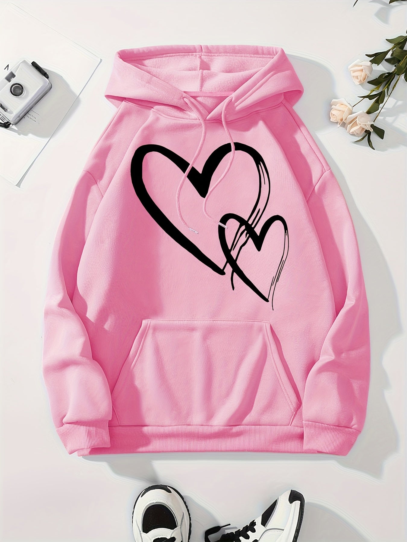 Heart Print Drawstring Hooded Sweatshirt, Slight Stretch With Pocket Loose Sporty Hoodie, Women's Activewear