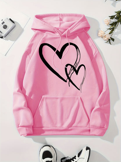 Heart Print Drawstring Hooded Sweatshirt, Slight Stretch With Pocket Loose Sporty Hoodie, Women's Activewear