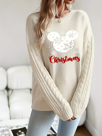 Women'S Christmas Mickey Mouse Sweater - Fashion Commute Style, Polyester Knit Fabric, Round Neck, Cable Knit Design, Loose Fit Long Sleeve Sweatshirt for Fall/Winter Season