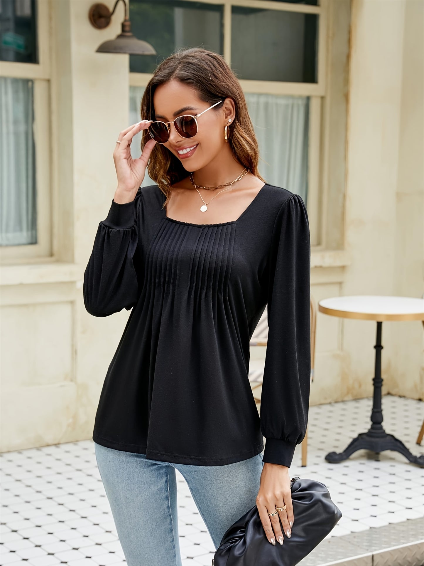 Square Neck Flowy Tops Women: Dressy Casual Blouse Going Out Pleated Tunic Top Puff Long Sleeve Fall Season Shirts