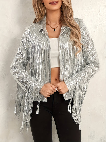 Women's Plus Size Sequin Party Jackets Trendy Sparkly Long Sleeve Open Front Tassel Jackets Clubwear