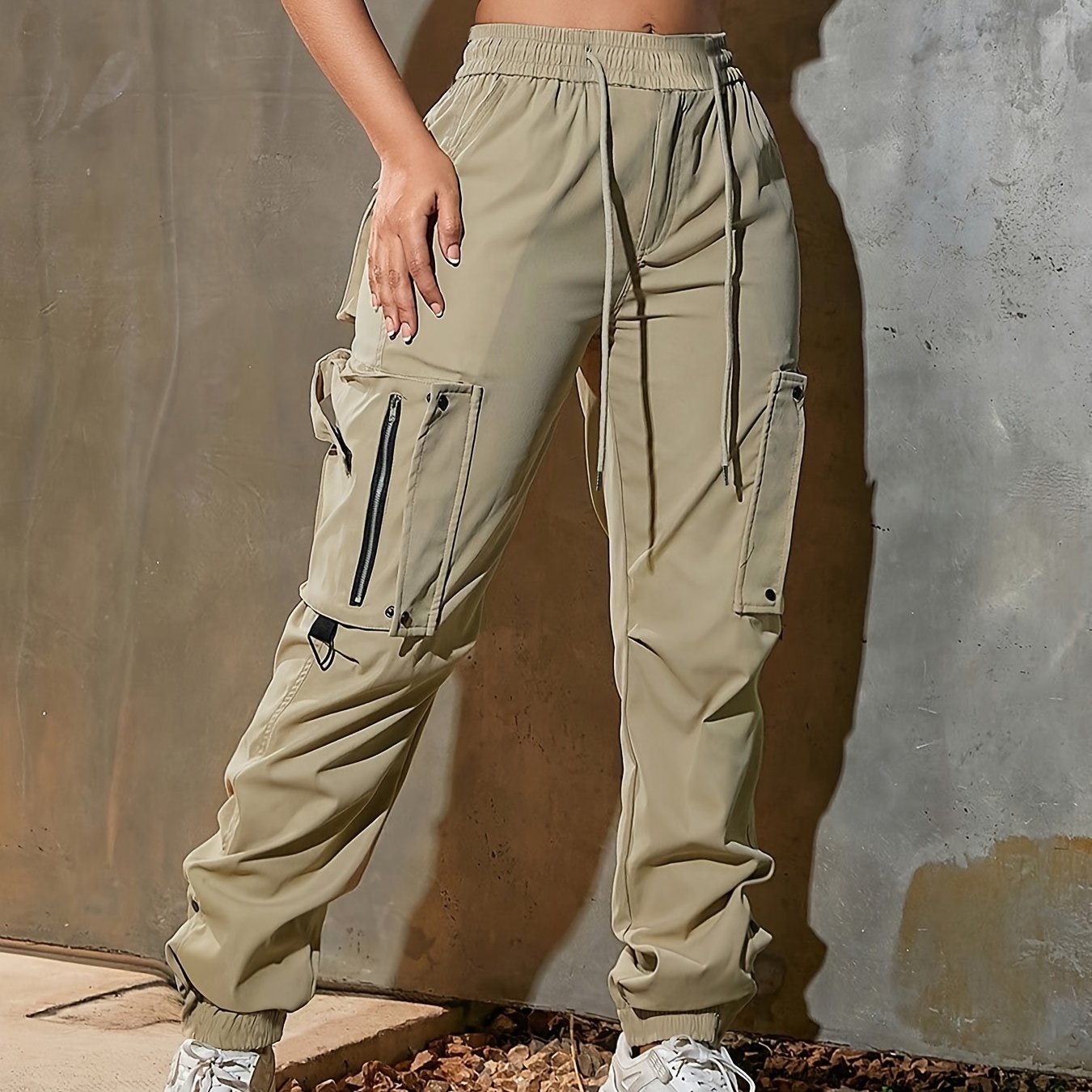 High-Waist Wide-Leg Cargo Pants - Casual Fashion, Soft Polyester, Drawstring Elastic Waist, Multi-Pocket Design