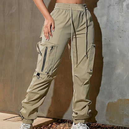 High-Waist Wide-Leg Cargo Pants - Casual Fashion, Soft Polyester, Drawstring Elastic Waist, Multi-Pocket Design