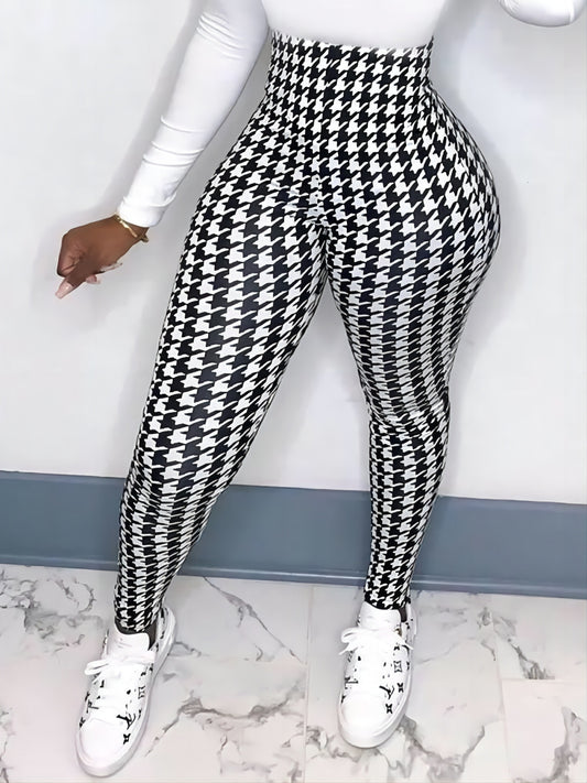 Plus Size Women's Houndstooth Print Skinny Leggings - High Waist, Stretchy, Comfortable, Casual Every Day Wear - Soft, Breathable, Four-Way Stretch Fabric, Wide Waistband, Flattering Fit