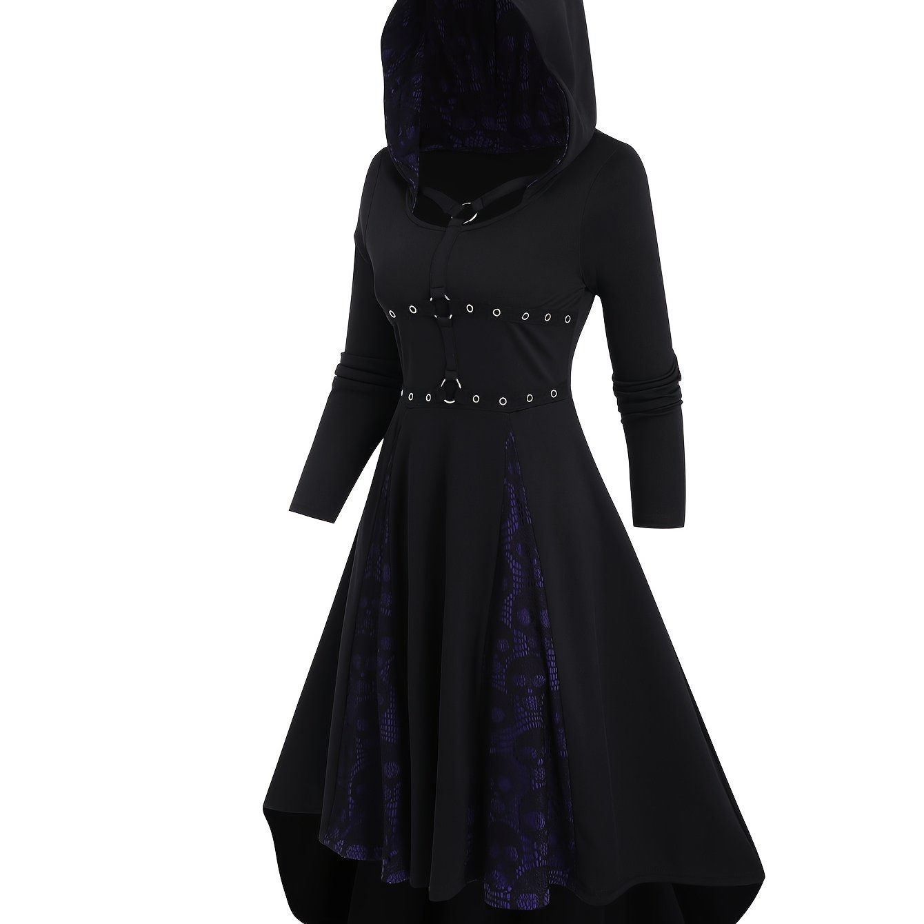 1pc Elegant Polyester Hooded Dress with Contrast Lace and Skull Pattern, Long Sleeve Color Block with O-Ring Detail, Knit Fabric A-Line Skater Dress for Adults, Fall/Winter Collection