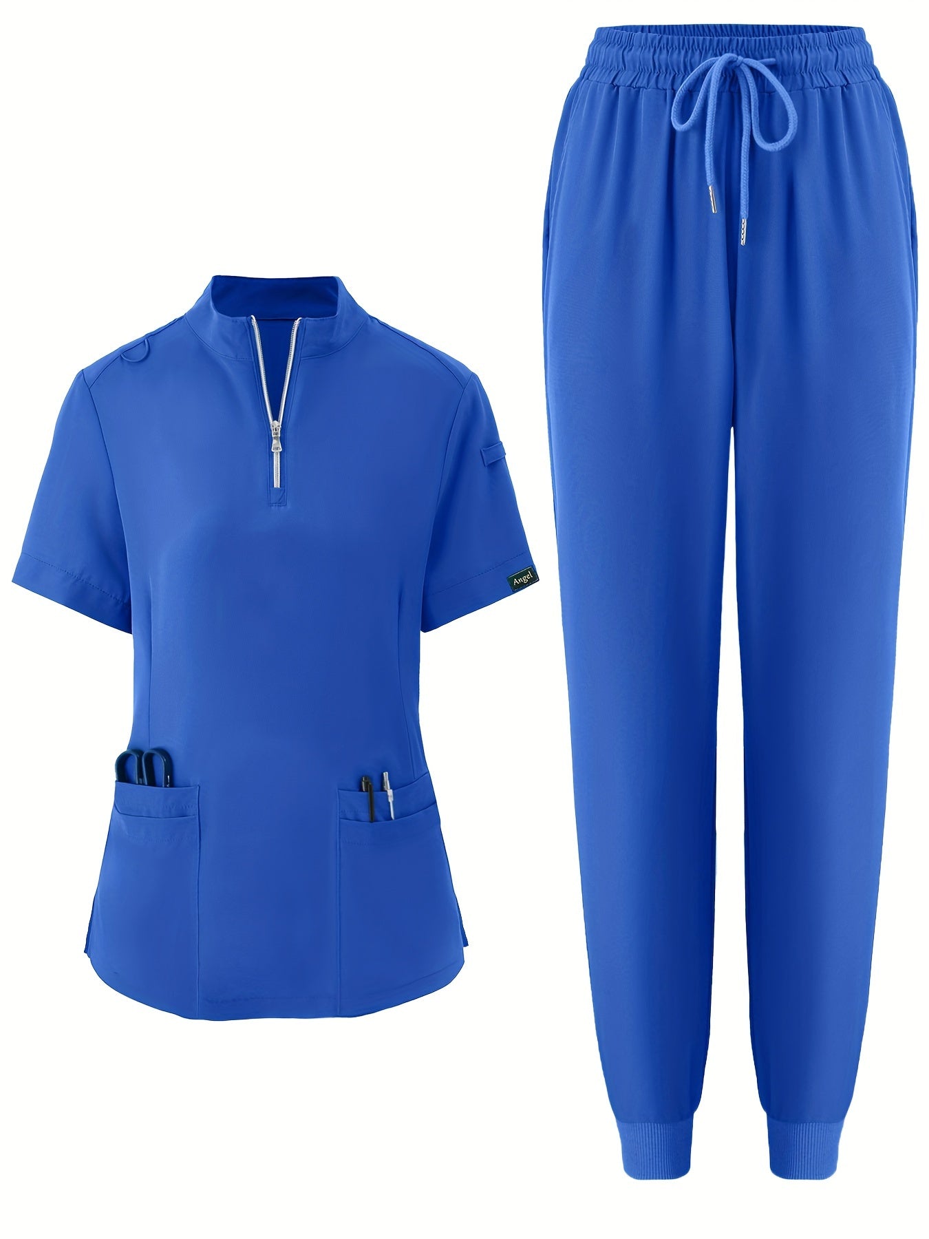 Two-Piece Solid Nurse Uniform Set - Zipper Front V Neck Short Sleeve Top & Long Length Pocket Pants with Micro Elasticity - Polyester, Casual, Solid Color, No Printing, All Seasons Wear