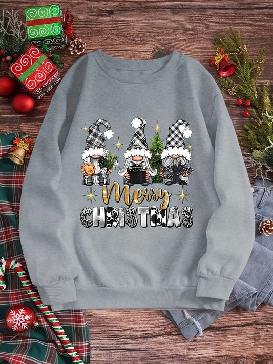 Women's Merry Christmas Gnome Print Sweatshirt - Polyester Knit Casual Crew Neck Sweater for Fall/Winter