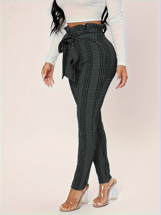 Stylish Plaid Pattern High Waist Tie Waist Pants - Women's Elegant Versatile Spring & Summer Pants with Comfortable Fit - Perfect for Casual Outings and Daily Wear