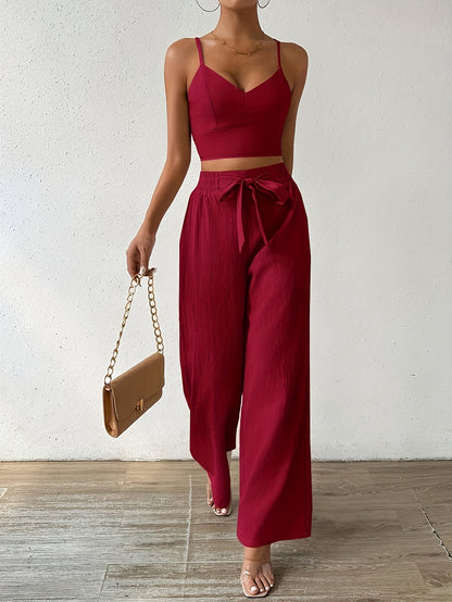 Women's Elegant Solid Color Polyester Off-Shoulder Top and Wide Leg Pants Set