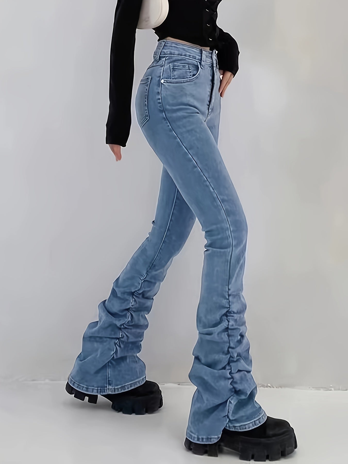 Vaqueros acampanados de tiro alto y elegantes: tejido denim elástico, bolsillos inclinados, color liso, para todas las estaciones, estilo urbano: vaqueros y ropa de moda para mujer con corte acampanado