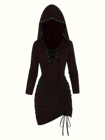 Y2K-Inspired Gothic Hooded Mini Dress - Solid Color, Ruched & Slim Fit with Drawstring Detail, Machine Washable - Perfect for Spring/Fall