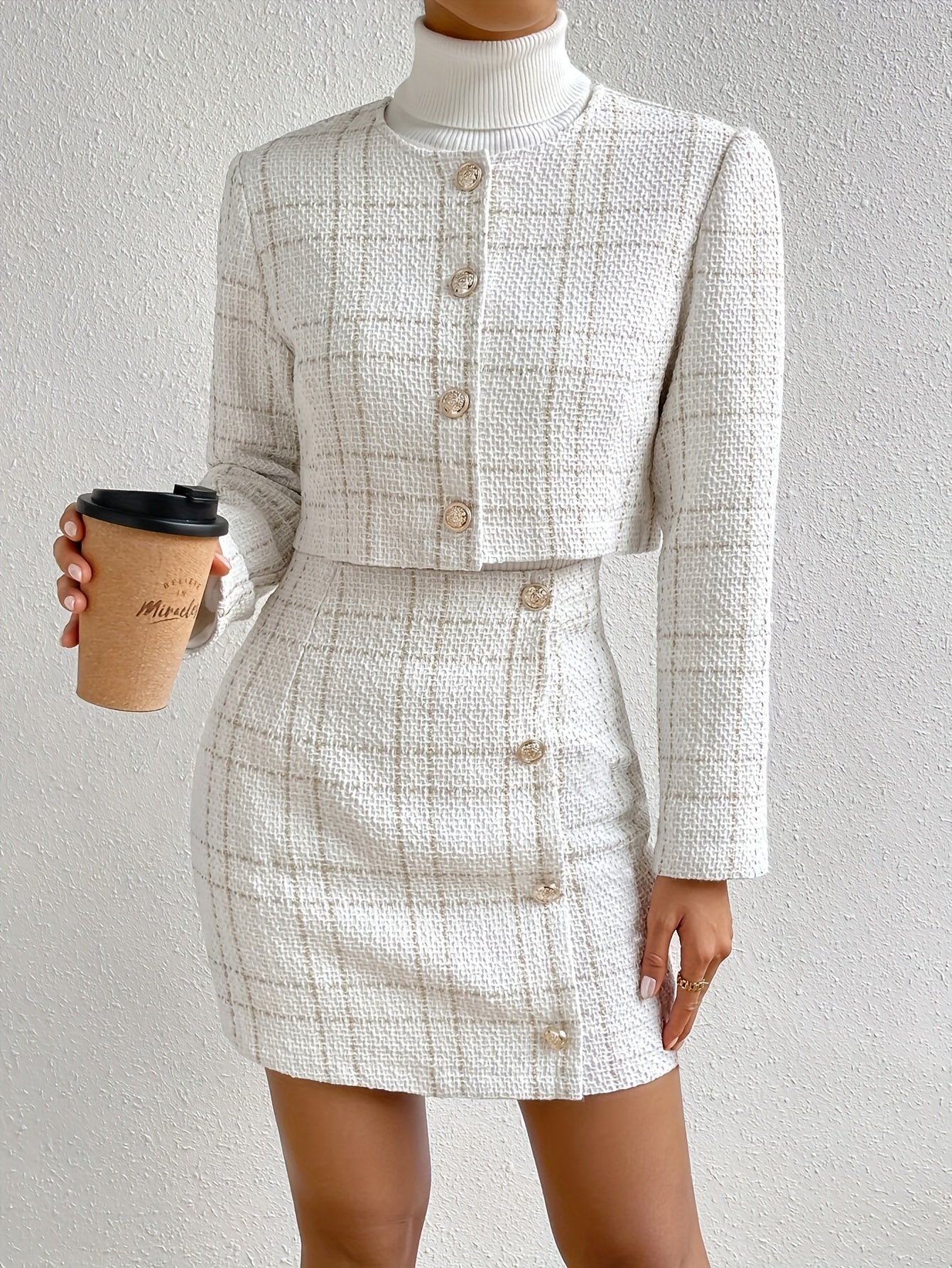 Stylish Plaid Pattern Skirt Set - Skirt Suits with Elegant Long Sleeve Crew Neck Outwear and High Waist Slim Fit Skirt, Women's Fall Winter Clothing, Chic Button Front Design, Comfortable and Versatile Outfit for Work and Dai