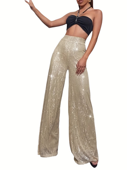 Womens Glitter Sequin Pants Sparkly Wide Loose Trousers Straight Leg Palazzo Pants Shiny Dance Bling Party Clubwear