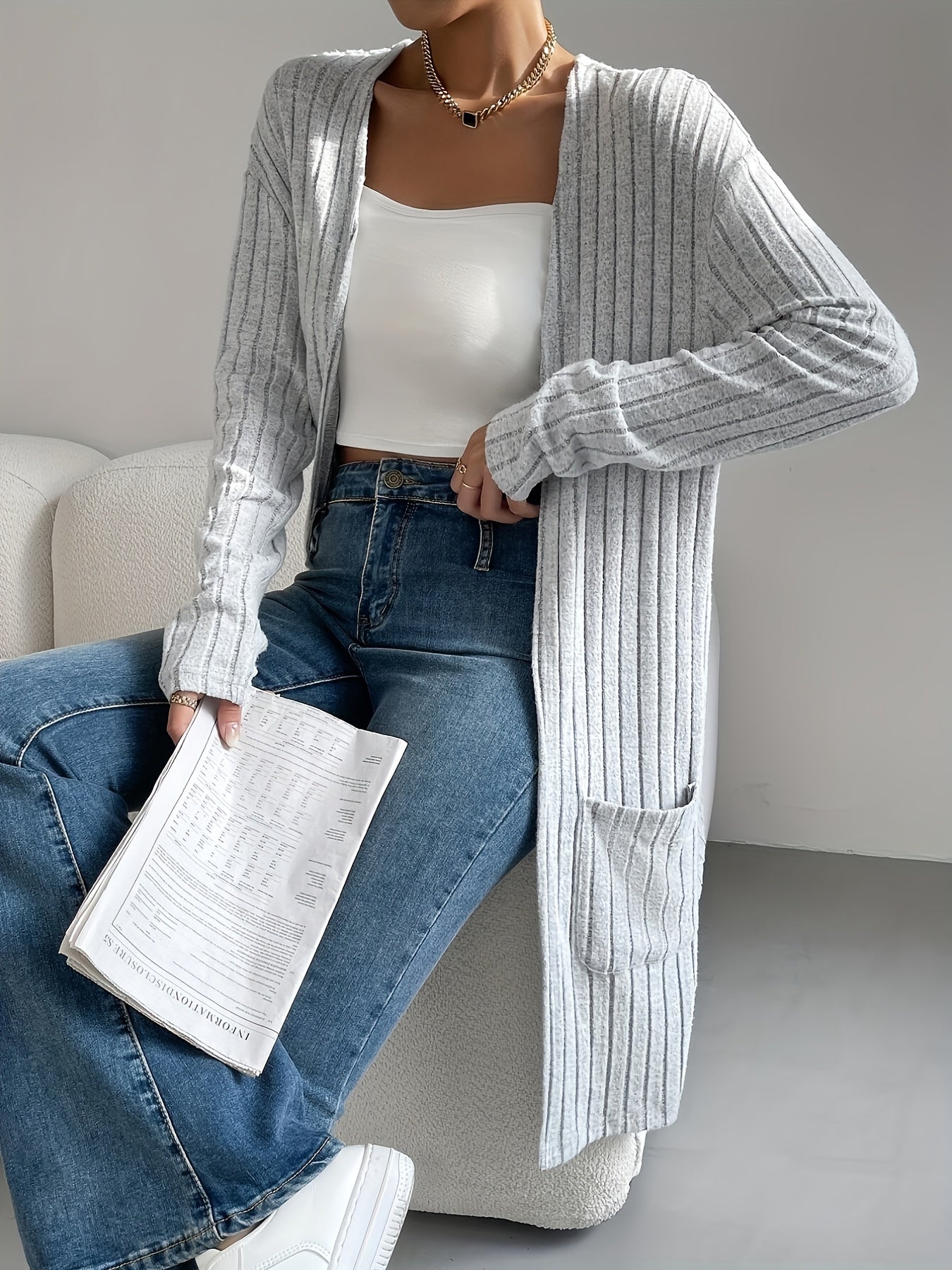 Cozy Rib Knit Cardigan Sweater - Soft, Casual, Long Sleeve, Mid Length, Open Front, Pocket Detail, Relaxed Fit