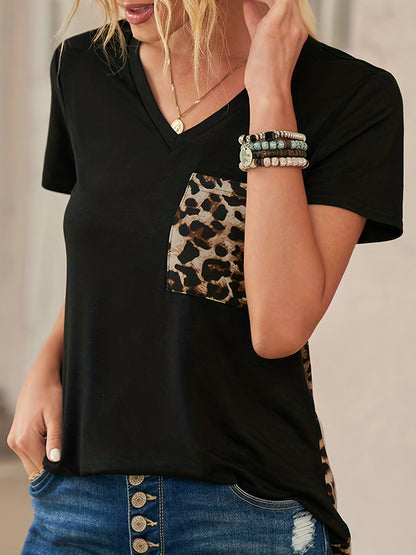 Vibrant Leopard Print Color Block V-Neck T-Shirt - Soft Micro Elasticity Polyester Fabric, Elegant Casual Short Sleeve Tee for Spring & Summer, Hand Wash Only, Regular Length, Knit Fabric, Random Printing, All Season Wear