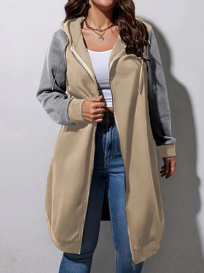 Plus Size Color Block Hooded Coat, Casual Drawstring Zipper Front Long Sleeve Outerwear For Fall, Women's Plus Size Clothing