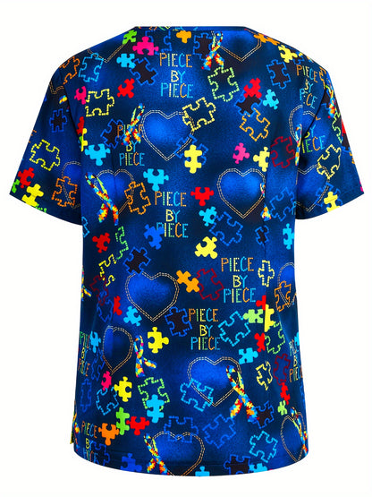 Heart & Puzzle Print Scrub Tops, Elegant Short Sleeve Patched Pockets Nurse Uniform, Women's Clothing